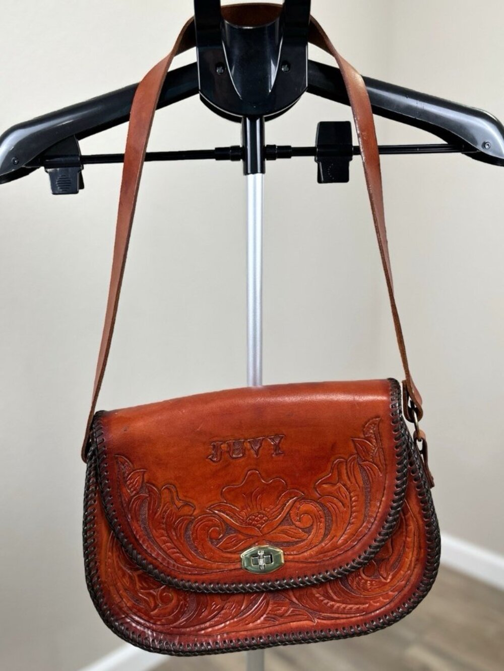Vintage Brown Genuine Leather Tooled Western Crossbody Shoulder Bag JUVY